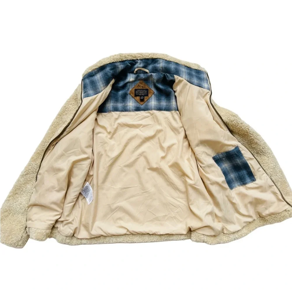 Pendleton Ladies Fuzzy Full Zip Plaid Accent Lined Cozy Jacket Sz L Beige - Picture 7 of 7